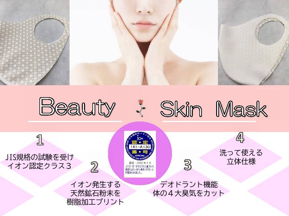 Beauty Skin Mask(ビューティスキンマスク)　1.JIS規格の試験を受けイオン認定クラス3　2.イオン発生する天然鉱石粉末を樹脂加工プリント　3.デオドラント機能　体の4大臭気をカット　4.洗って使える立体仕様